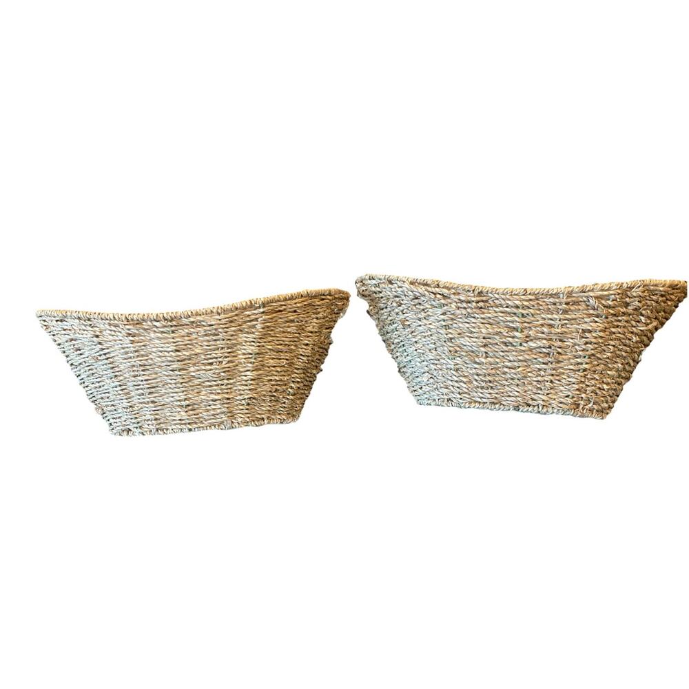 2 Oval Seagrass Storage Craft Baskets Handwoven W/Cut-Out Handles Organization